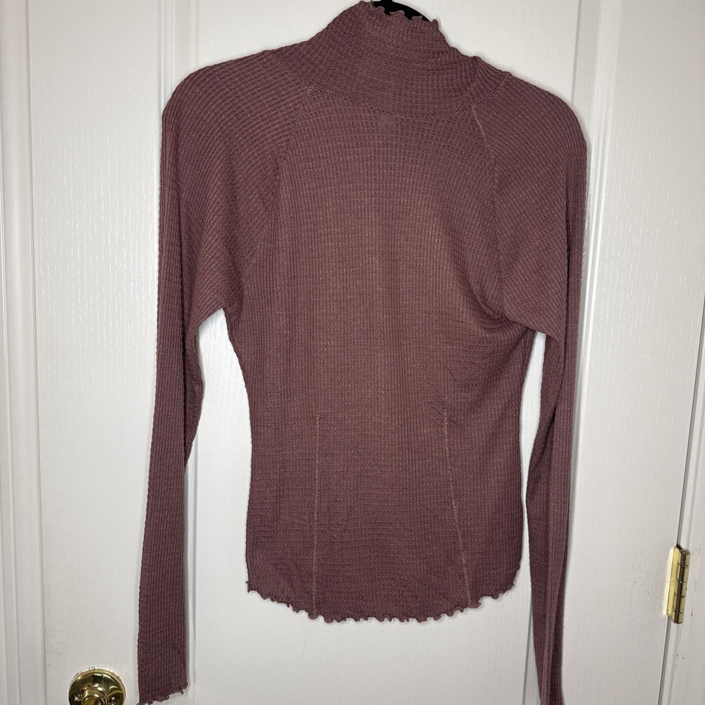 Free People Ribbed Mock Neck Top Medium Mauve Pink Distressed Hem Long Sleeve
